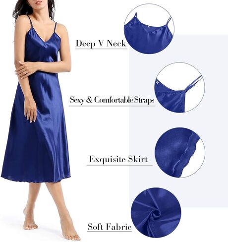 ثوب نوم نسائي من MINEEE مصنوع من الساتان فستان نوم طويل من الحرير برقبة على شكل حرف V للنساء in Kuwait