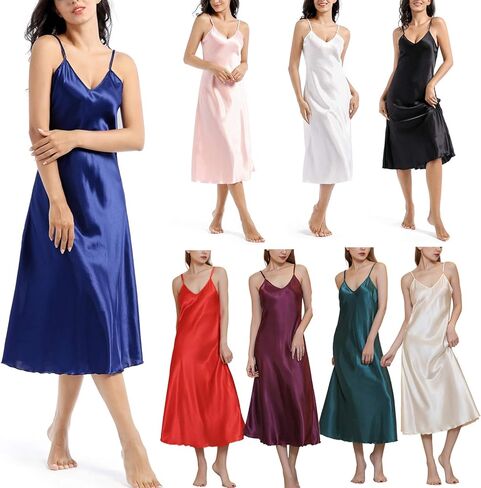 ثوب نوم نسائي من MINEEE مصنوع من الساتان فستان نوم طويل من الحرير برقبة على شكل حرف V للنساء in Kuwait