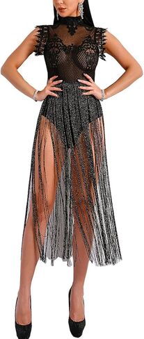 فستان WRStore نسائي مثير شفاف من الدانتيل شفاف من خلال شرابة لامعة in Kuwait