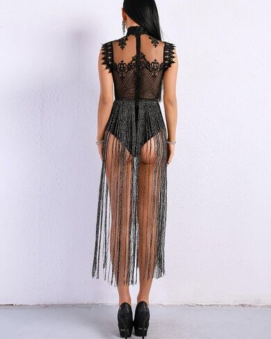 فستان WRStore نسائي مثير شفاف من الدانتيل شفاف من خلال شرابة لامعة in Kuwait