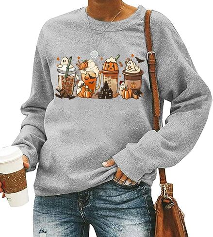 FCHICH Pumpkin Spice Latte Sweatshirt for Women Halloween Coffee Lover Shirt Gift Casual Fall Long Sleeve Pullover Tops in Saudi Arabia