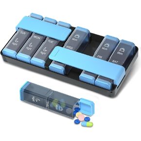 منظم حبوب الدواء باوباس آم بي إم لمدة 7 أيام، مرتين في اليوم، صندوق حبوب أسبوعي كبير، علبة حبوب منع الحمل اليومية بزر ضغط للفيتامين وزيت السمك والمكملات الغذائية in Kuwait