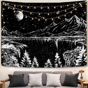 Zussun Black and White Tapestry Starry Night Mountain Tapestries for Bedroom Aesthetic Moon and Stars Tapastry's Wall Hanging Dark Nature Forest Wall Tapestry for Living Room Dorm (Black, 48'' × 36'') in Kuwait