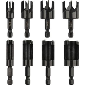 AOKLIT Plug Cutter, 8Pcs Wood Plug Cutters Drill Bit Set with 1/4 Hex Shank, Straight and Tapered Taper Cutting Tool 1/4", 5/16", 3/8", 1/2", Black