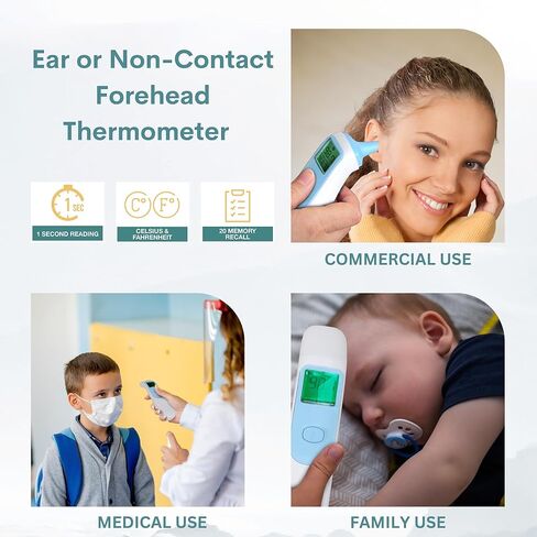 ميزان حرارة الطفل من الأذن والجبهة للبالغين والأطفال - ميزان حرارة رقمي للأطفال الرضع - 20 ذكريات، مقياس حرارة الأذن للقراءة الفورية للأطفال أو ميزان حرارة الجبين بدون لمس in Kuwait