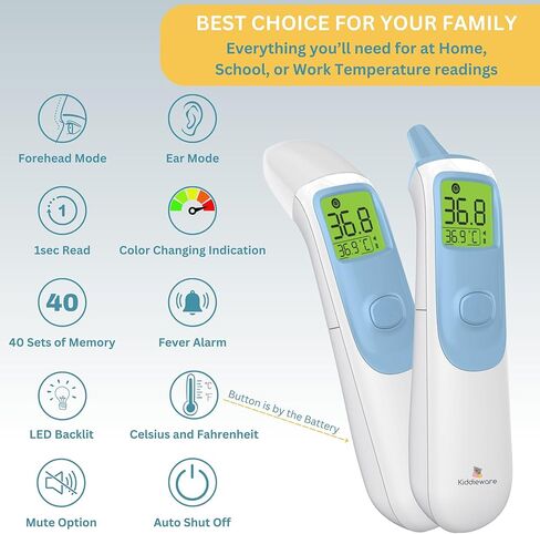 ميزان حرارة الطفل من الأذن والجبهة للبالغين والأطفال - ميزان حرارة رقمي للأطفال الرضع - 20 ذكريات، مقياس حرارة الأذن للقراءة الفورية للأطفال أو ميزان حرارة الجبين بدون لمس in Kuwait