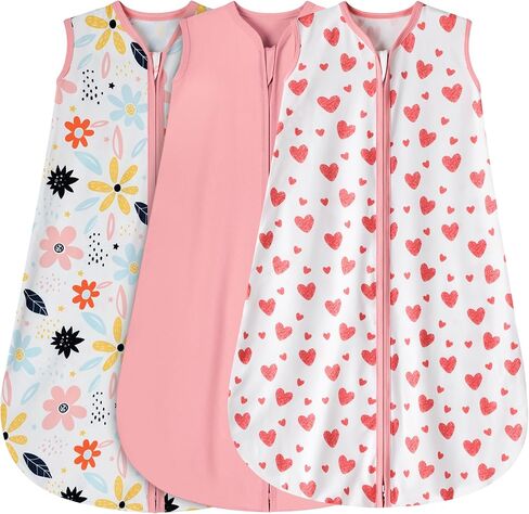 BSTOPPT 3 Pack Baby Sleep Sack 0-6 Months 100% Rayon Cotton Baby Sleeping Bag 2-Way Zipper Toddler Wearable Blankets Comfy Stretchy Lightweight TOG 0.3 （Heart&Pink&Floral） in Saudi Arabia