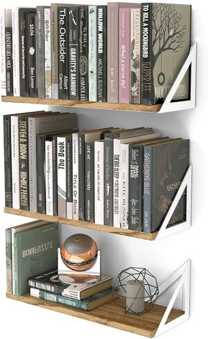أرفف عائمة من الخشب من Wallniture Minori لتخزين الحائط، أرفف كتب جدارية لديكور غرفة المعيشة، مجموعة أرفف مثلثة هندسية مكونة من 3 قطع، لمسة نهائية محروقة in Kuwait