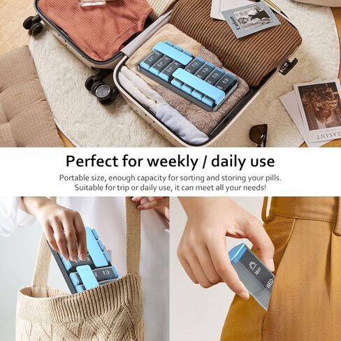 منظم حبوب الدواء باوباس آم بي إم لمدة 7 أيام، مرتين في اليوم، صندوق حبوب أسبوعي كبير، علبة حبوب منع الحمل اليومية بزر ضغط للفيتامين وزيت السمك والمكملات الغذائية in Kuwait