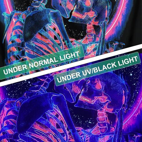 Manicer Blacklight Skull Tapestry، The Kissing Lovers Tapestry UV رد الفعل Trippy Neon Tapestry يتوهج في خلفية الحفلات المظلمة، هيكل عظمي جدار الفن لغرفة النوم وغرفة المعيشة - 51.2 "× 59.1" in Kuwait
