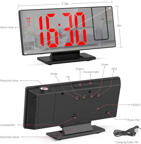 ساعة منبه رقمية باضاءة LED مقاس 7.8 انش مع جهاز عرض قابل للدوران 180 درجة وخاصية الغفوة وسطوع قابل للتعديل من لوفيكوبر in Kuwait