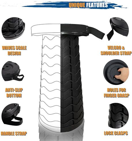 مقعد قابل للطي تلسكوبي قابل للتعديل من AllynX، مقعد تلسكوبي قابل للسحب ومحمول 2022، قابل للطي، شديد التحمل، مقعد قوي خفيف الوزن للبالغين والتخييم والمشي لمسافات طويلة والسفر في الهواء الطلق باللون الأسود in Kuwait