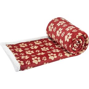 long rich 047393528896 Printed Dog paw Flannel Reverse to Sherpa Throw Blanket, Red, by Happycare Textiles