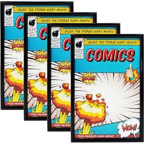 Comic Book Frame, 4 Pack, Ultraviolet UV Protection, Fits Current Comics up to 6 3/4" x 10 1/4", Wall or Tabletop Display,Spring Clips for Thicker Comics as Well (Black, 4)