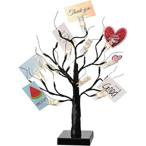 Money Holder Tree Present Card Holder, LED Birch Twig Tree Lights Tabletop, Display Tree with 12 Clear Clips for Christmas, Memo, Present Card, Photo, Wedding (Gold, Warm White,Cute Style)