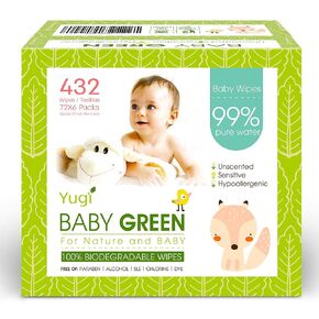 Yugi Green Baby Wipes for Babies Unscented, Made with Renewable Plant Fibers, Plant-Based, Fragrance-Free, for Sensitive Skin, 12 Packs,72 Count,864 wipes in Kuwait