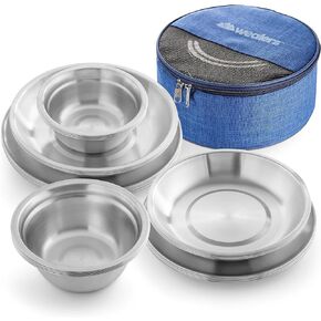 مجموعة أطباق وواني للتخييم من الفولاذ المقاوم للصدأ من ويلرز للأطفال والكبار والعائلة | التخييم والتنزه سيرًا على الأقدام والشاطئ والاستخدام الخارجي | بما في ذلك حقيبة سفر in Kuwait
