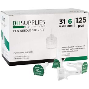 BH Supplies إبر قلم الأنسولين مقاس 31 - 1/4 بوصة، 6 مم (عبوة من 125 قطعة) in Kuwait