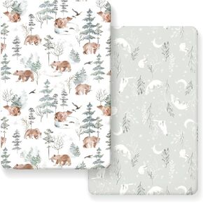 Pack n Play Sheets Fitted 2 Pack، حزمة من نسيج الجيرسي فائق النعومة وقابلة للتمدد وملاءات اللعب، مرتبة عالمية محمولة/صغيرة لسرير الأطفال مريحة وآمنة، طباعة زهور وردية خدود جميلة وحيوانات لطيفة in Kuwait