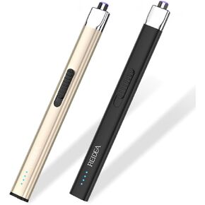 ولاعة كهربائية من REIDEA ولاعة شمعة مسطحة R1، ولاعة قوس قابلة لإعادة الشحن USB عديمة اللهب مقاومة للرياح مع زر آمن ومؤشر طاقة للشموع والشواء والألعاب النارية، ذهبي شامبانيا