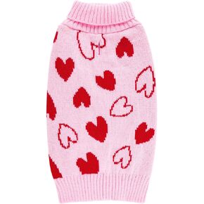 cyeollo Small Dog Valentines Sweater Heart Pattern Dog Clothes with Leash Hole Pullover Turtleneck Holiday Pet Apparel Pink
