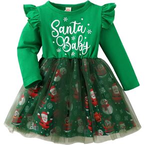 AGQT Toddler Girls Christmas Dresses Long Sleeve Santa Print Dress Size 18M-6T