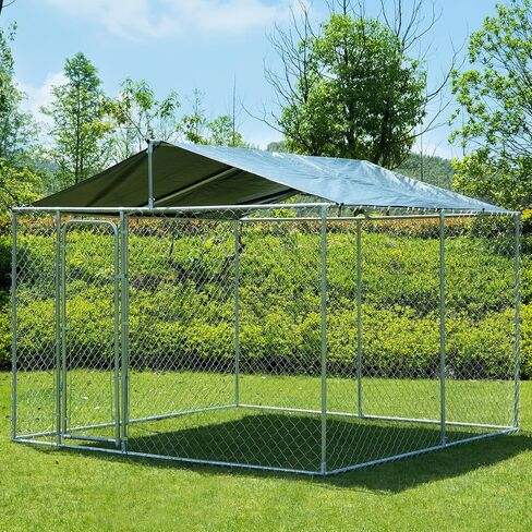 بيت الكلب الكبير في الهواء الطلق من JOHUNT، سياج الكلب العقلي شديد التحمل مع غطاء مقاوم للماء والأشعة فوق البنفسجية، بيت الكلب بيت الكلب المجلفن للفناء الخلفي، المزرعة، الحديقة (9.8 × 9.8 × 7.3 بوصة) in Kuwait