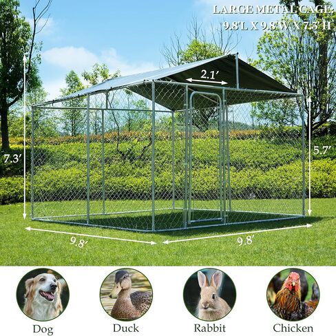 بيت الكلب الكبير في الهواء الطلق من JOHUNT، سياج الكلب العقلي شديد التحمل مع غطاء مقاوم للماء والأشعة فوق البنفسجية، بيت الكلب بيت الكلب المجلفن للفناء الخلفي، المزرعة، الحديقة (9.8 × 9.8 × 7.3 بوصة) in Kuwait