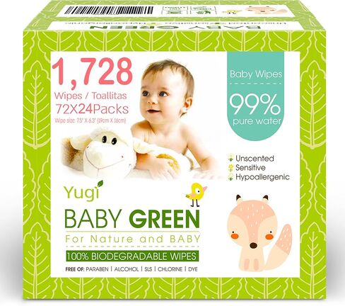 Yugi Green Baby Wipes for Babies Unscented, Made with Renewable Plant Fibers, Plant-Based, Fragrance-Free, for Sensitive Skin, 12 Packs,72 Count,864 wipes in Saudi Arabia