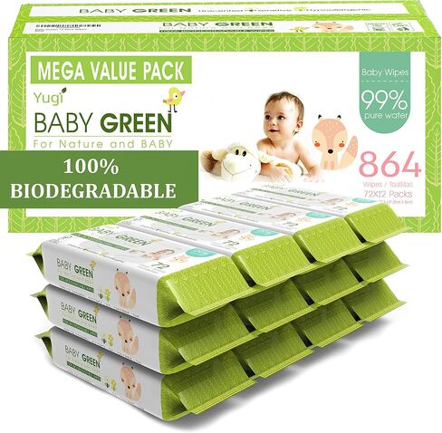Yugi Green Baby Wipes for Babies Unscented, Made with Renewable Plant Fibers, Plant-Based, Fragrance-Free, for Sensitive Skin, 12 Packs,72 Count,864 wipes in Saudi Arabia