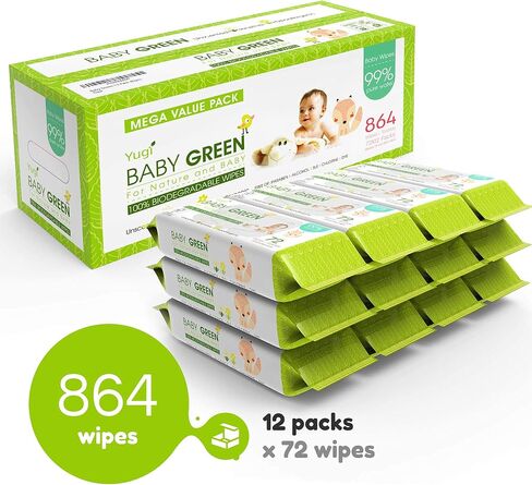Yugi Green Baby Wipes for Babies Unscented, Made with Renewable Plant Fibers, Plant-Based, Fragrance-Free, for Sensitive Skin, 12 Packs,72 Count,864 wipes in Saudi Arabia