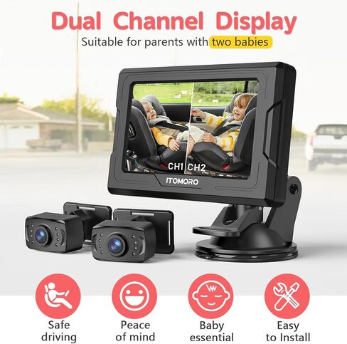 Itomoro Baby Car Camera HD 1080P Dual-Channel Display Car Baby Camera with 2 IR Night Vision Camera, Easily Install 4.3'' Car Camera for Baby with Crystal Clear Wide View for Rear Facing Seat | Easily Install Dual-Channel Display 150° Clear View for 2 Kid in Saudi Arabia