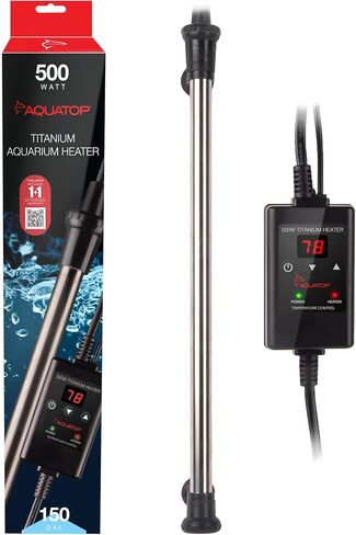 سخان تيتانيوم أكواتوب 500 وات مع وحدة تحكم - قابل للغمر بالكامل لخزانات الأسماك حتى 150 جالون، درجة حرارة قابلة للتعديل 68-92، سخان مياه متين، سخان حوض السمك للسلاحف والأسماك الكبيرة، TH-C500 in Kuwait