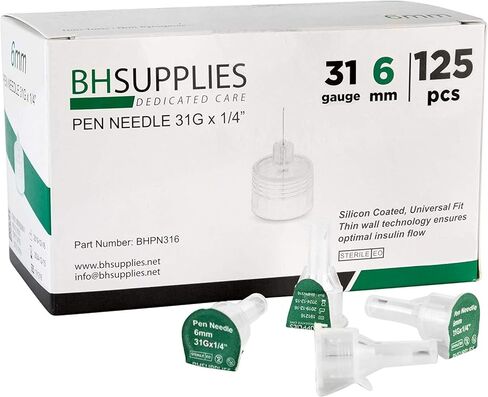 BH Supplies إبر قلم الأنسولين مقاس 31 - 1/4 بوصة، 6 مم (عبوة من 125 قطعة) in Kuwait