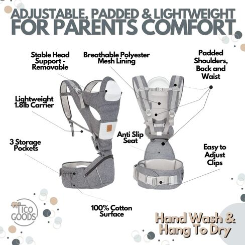 TICO GOODS Baby Carrier with Hip Seat- 6 in 1 Baby Carrier with Seat and Head Support Newborn to Toddler, Baby Carrier Backpack for Men, Kangaroo Baby Carrier 25-60 lbs in Kuwait