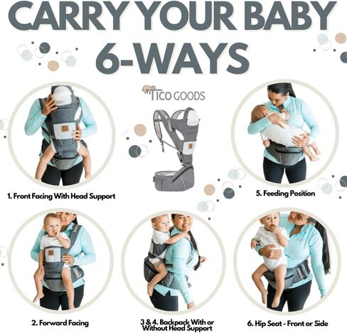 TICO GOODS Baby Carrier with Hip Seat- 6 in 1 Baby Carrier with Seat and Head Support Newborn to Toddler, Baby Carrier Backpack for Men, Kangaroo Baby Carrier 25-60 lbs in Kuwait