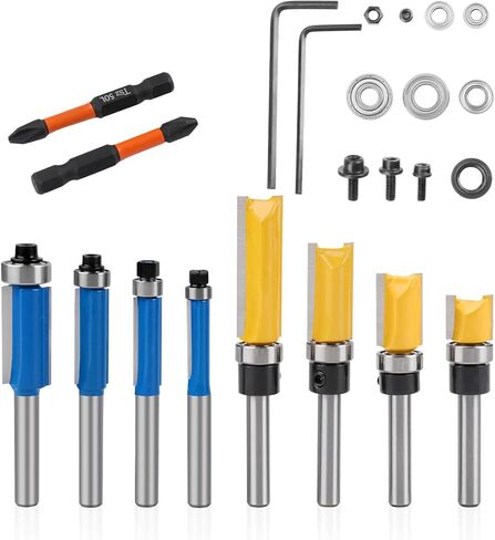 10 قطع من لقم التوجيه 1/4 عرقوب، 4 رؤوس راوتر مسطحة و4 انماط لرؤوس التوجيه مع 2 لقمة مغناطيسية صدمية، 6 محامل، 2 مفتاح ربط لاعمال النجارة والتشذيب in Kuwait