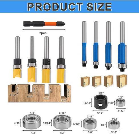 10 قطع من لقم التوجيه 1/4 عرقوب، 4 رؤوس راوتر مسطحة و4 انماط لرؤوس التوجيه مع 2 لقمة مغناطيسية صدمية، 6 محامل، 2 مفتاح ربط لاعمال النجارة والتشذيب in Kuwait