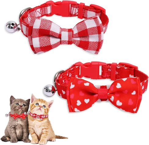 Whaline 2 Pack Valentine's Buffalo Plaid Cat Collars with Bow Tie and Bells Red White Heart Pattern Pet Bow tie Collar Adjustable Cat Collar for Valentine's Day Kitten Cat Puppy Dogs Pet Rabbit in Saudi Arabia