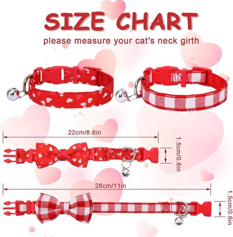 Whaline 2 Pack Valentine's Buffalo Plaid Cat Collars with Bow Tie and Bells Red White Heart Pattern Pet Bow tie Collar Adjustable Cat Collar for Valentine's Day Kitten Cat Puppy Dogs Pet Rabbit in Saudi Arabia