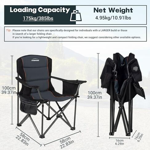 Overmont Oversized Folding Camping Chair 2Pack - 385lbs Support with Padded Cushion Cooler Pockets - Heavy Duty Collapsible Chairs for Sports Garden Beach Fishing in Kuwait