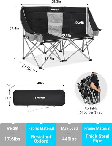 Loveseat Camping Chairs Adults 2 Person Oversized Double Camping Chair for Outside Picnic Beach Travel, Love Seat Camp Chair, Oversized, Black/Grey in Kuwait