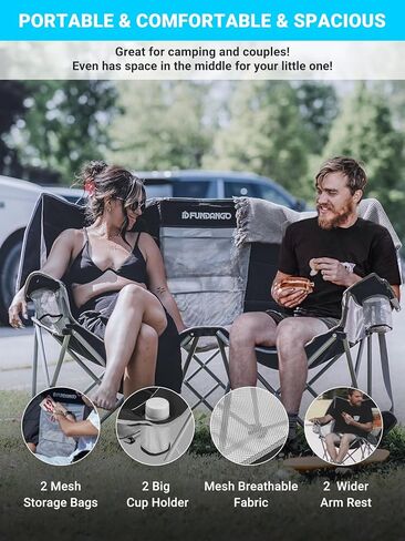 Loveseat Camping Chairs Adults 2 Person Oversized Double Camping Chair for Outside Picnic Beach Travel, Love Seat Camp Chair, Oversized, Black/Grey in Kuwait