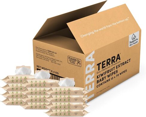 Terra Bamboo Water Baby Wipes: 99.7% Pure New Zealand Water, 100% Biodegradable Bamboo Fiber, 0% Plastic, Unscented Baby Wipes for Sensitive Skin, 12 Packs of 70 Wipes in Saudi Arabia