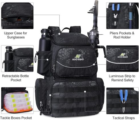N NEVO RHINO 40L حقيبة ظهر لصيد الأسماك مع حاملات للقضيب، غطاء مطر مقاوم للماء، حقيبة معالجة عالية الأداء لصيد الأسماك in Kuwait