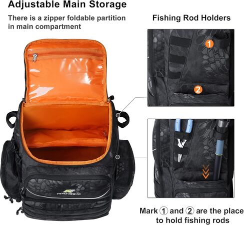 N NEVO RHINO 40L حقيبة ظهر لصيد الأسماك مع حاملات للقضيب، غطاء مطر مقاوم للماء، حقيبة معالجة عالية الأداء لصيد الأسماك in Kuwait