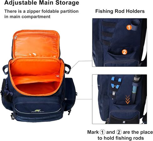 N NEVO RHINO 40L حقيبة ظهر لصيد الأسماك مع حاملات للقضيب، غطاء مطر مقاوم للماء، حقيبة معالجة عالية الأداء لصيد الأسماك in Kuwait