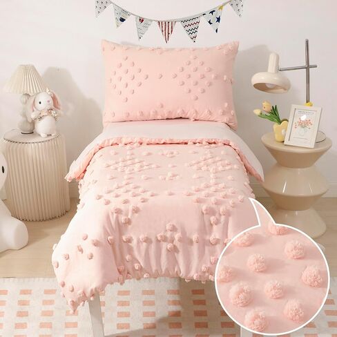 Toddler Bedding Set for Girls 4-Piece Beige Boho Tufted Toddler Comforter Set Tufts Crib Toddler Bed Set Bed-in-a-Bag Toddler Bed Sheet Set with Comforter, Flat Sheet, Fitted Sheet, Pillowcase in Saudi Arabia