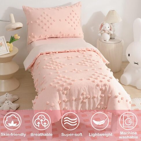 Toddler Bedding Set for Girls 4-Piece Beige Boho Tufted Toddler Comforter Set Tufts Crib Toddler Bed Set Bed-in-a-Bag Toddler Bed Sheet Set with Comforter, Flat Sheet, Fitted Sheet, Pillowcase in Saudi Arabia