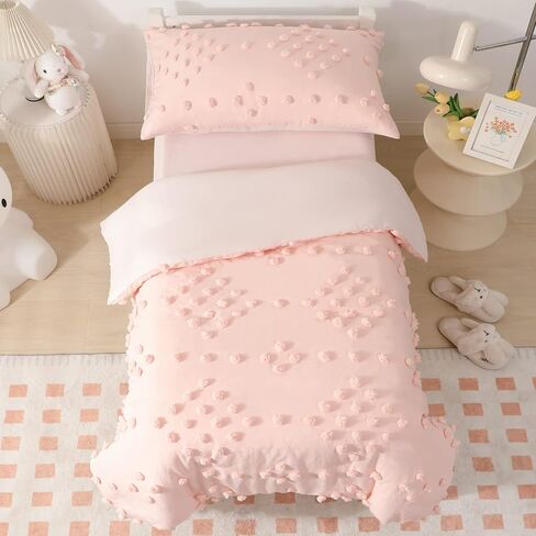 Toddler Bedding Set for Girls 4-Piece Beige Boho Tufted Toddler Comforter Set Tufts Crib Toddler Bed Set Bed-in-a-Bag Toddler Bed Sheet Set with Comforter, Flat Sheet, Fitted Sheet, Pillowcase in Saudi Arabia